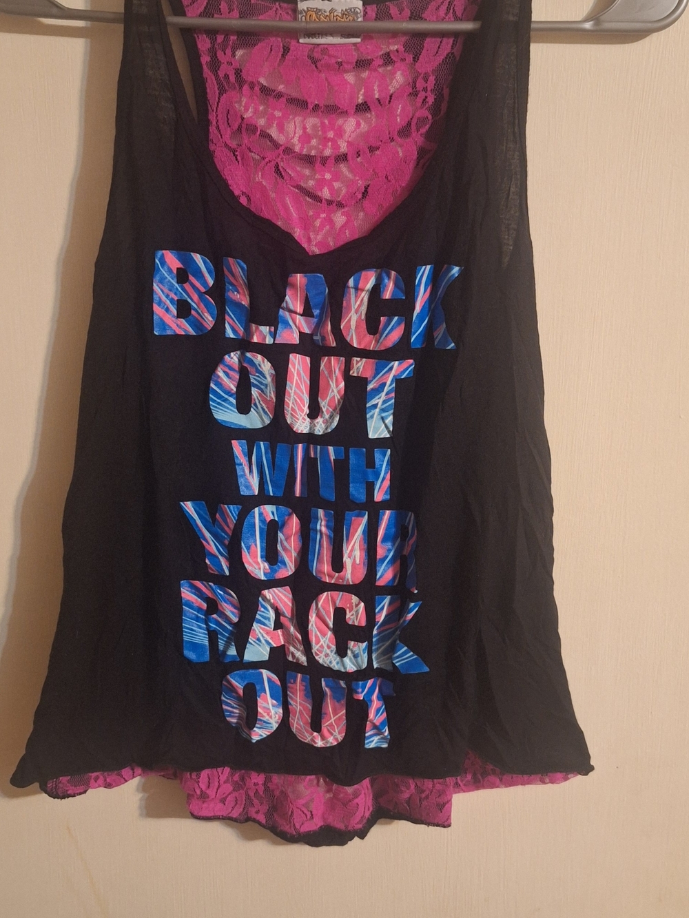 Spencer's Black Tank Top with Blue and Pink Graphic & Pink Lace Back